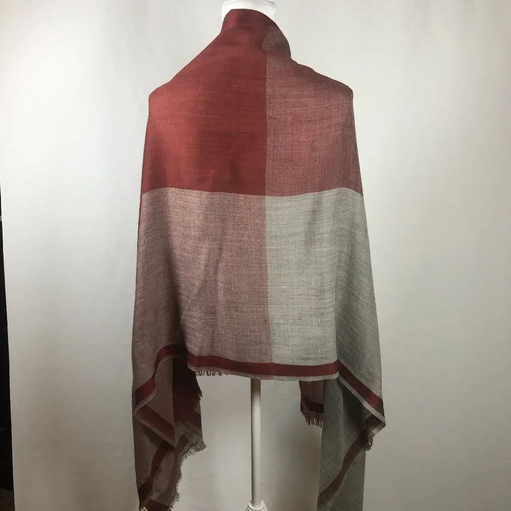 🍂 Bloom & Give Oversized Vintage Woven Shawl / Scarf – Rust, Taupe & Soft Gray